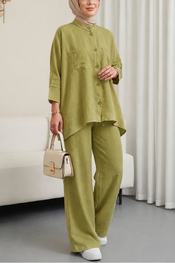 Double Pocket Half Bat Sleeve Loose Shirt Set -PISTACHIO GREEN
