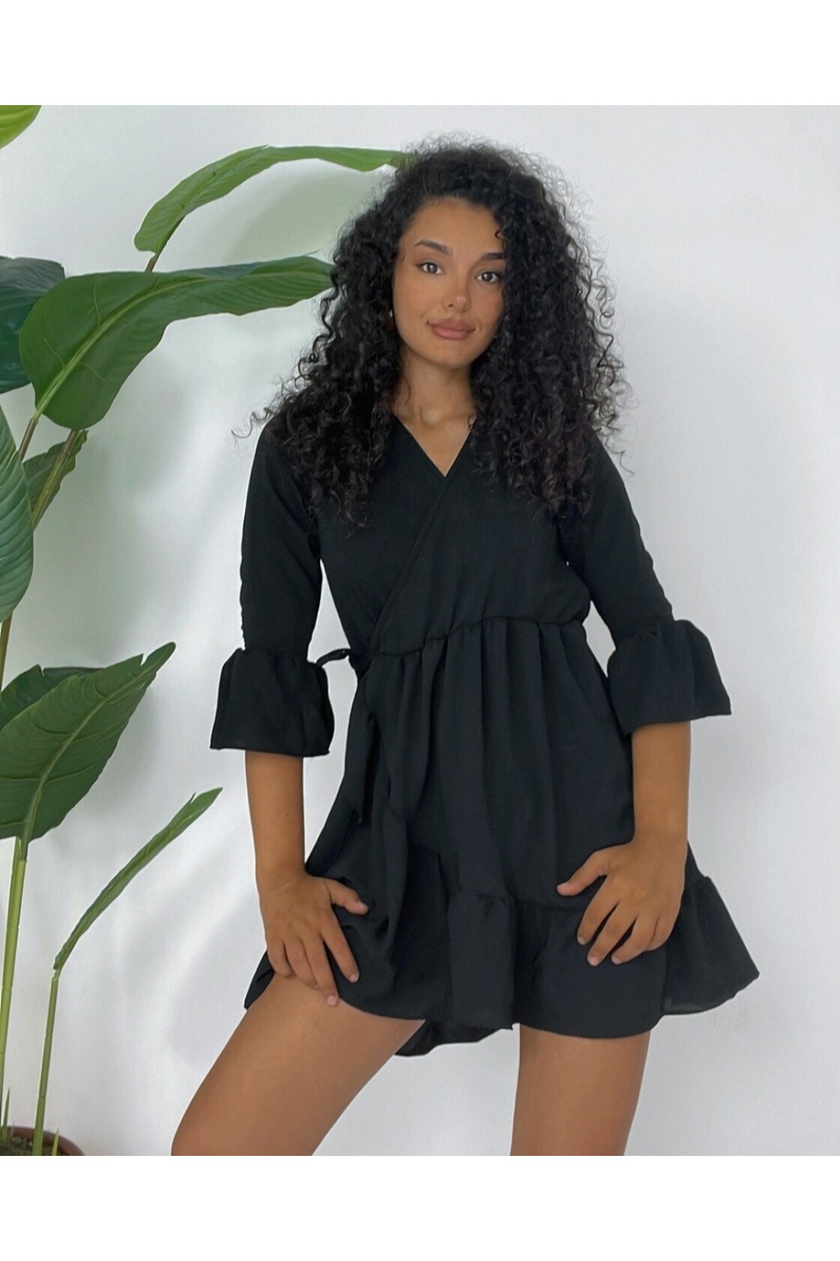 Frilly Skirt And Sleeves Elastic Waist Ayrobin Dress  -Black