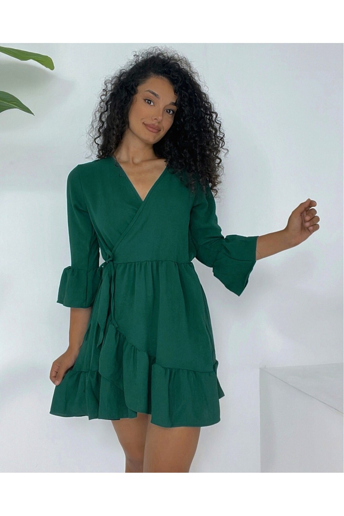 Frilly Skirt And Sleeves Elastic Waist Ayrobin Dress  -Emerald