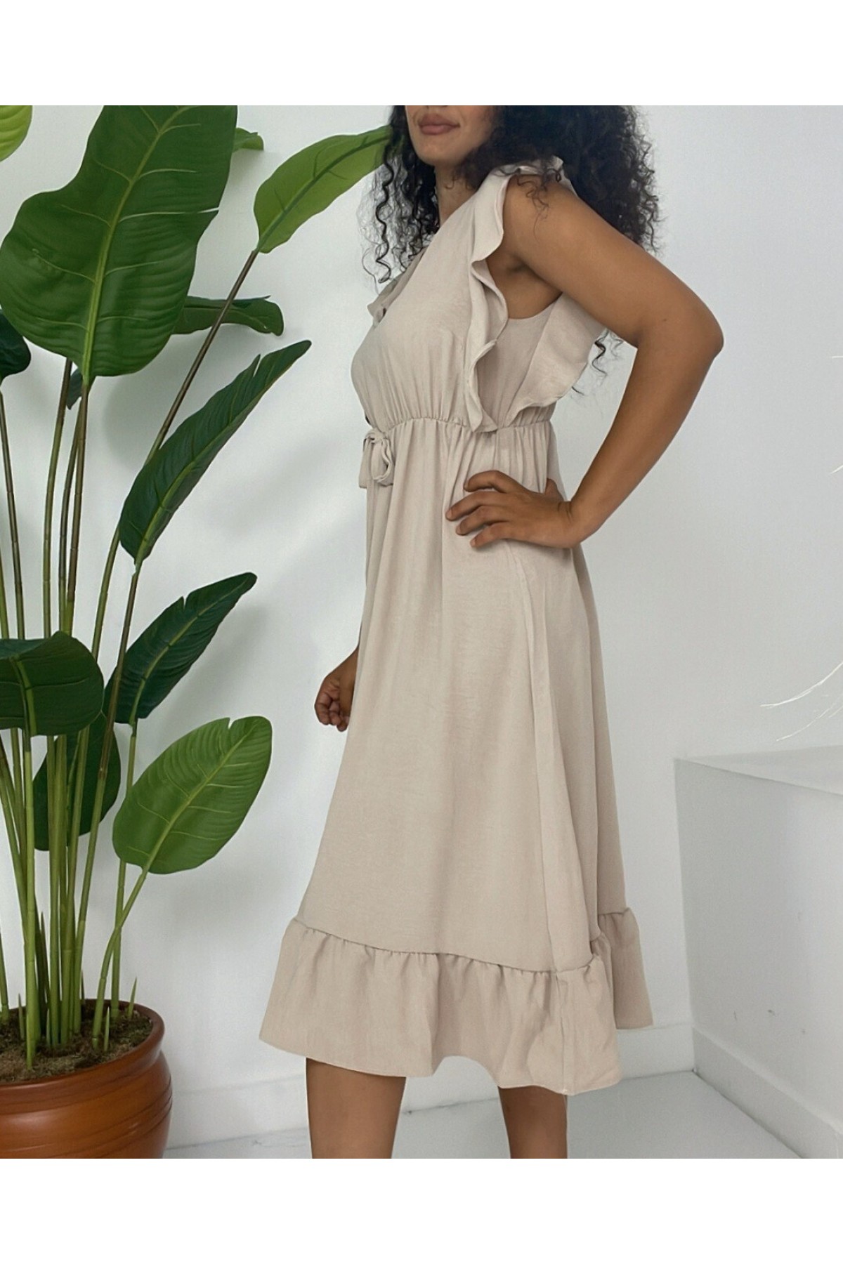 Frill Shoulder Elastic Waist Zero Sleeve Midi Length Ayrobin Dress  -Light Mink