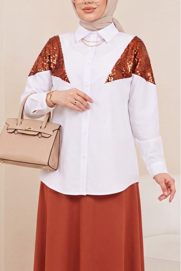 Casual Shirt with Sequin Detail -Brick color