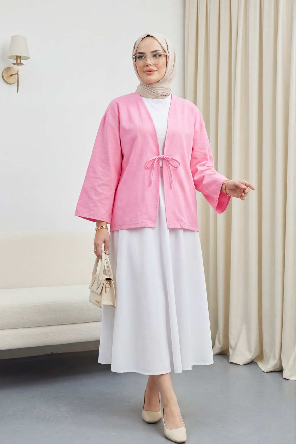 Önü Bağcıklı Poplin Kimono -Pembe