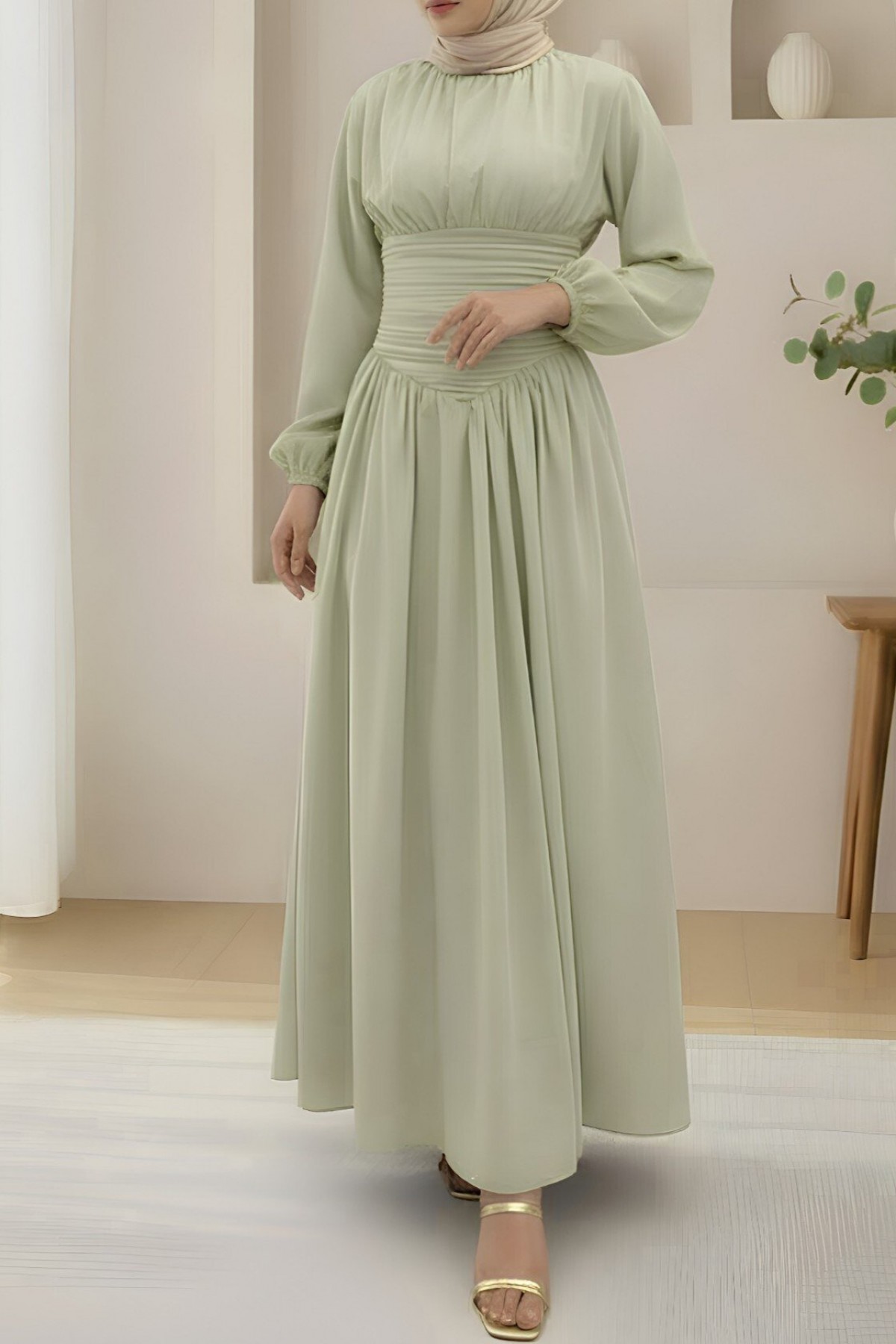 Poplin Dress with Pleated Front and Elasticated Sleeves and Zipper -LIGHT GREEN