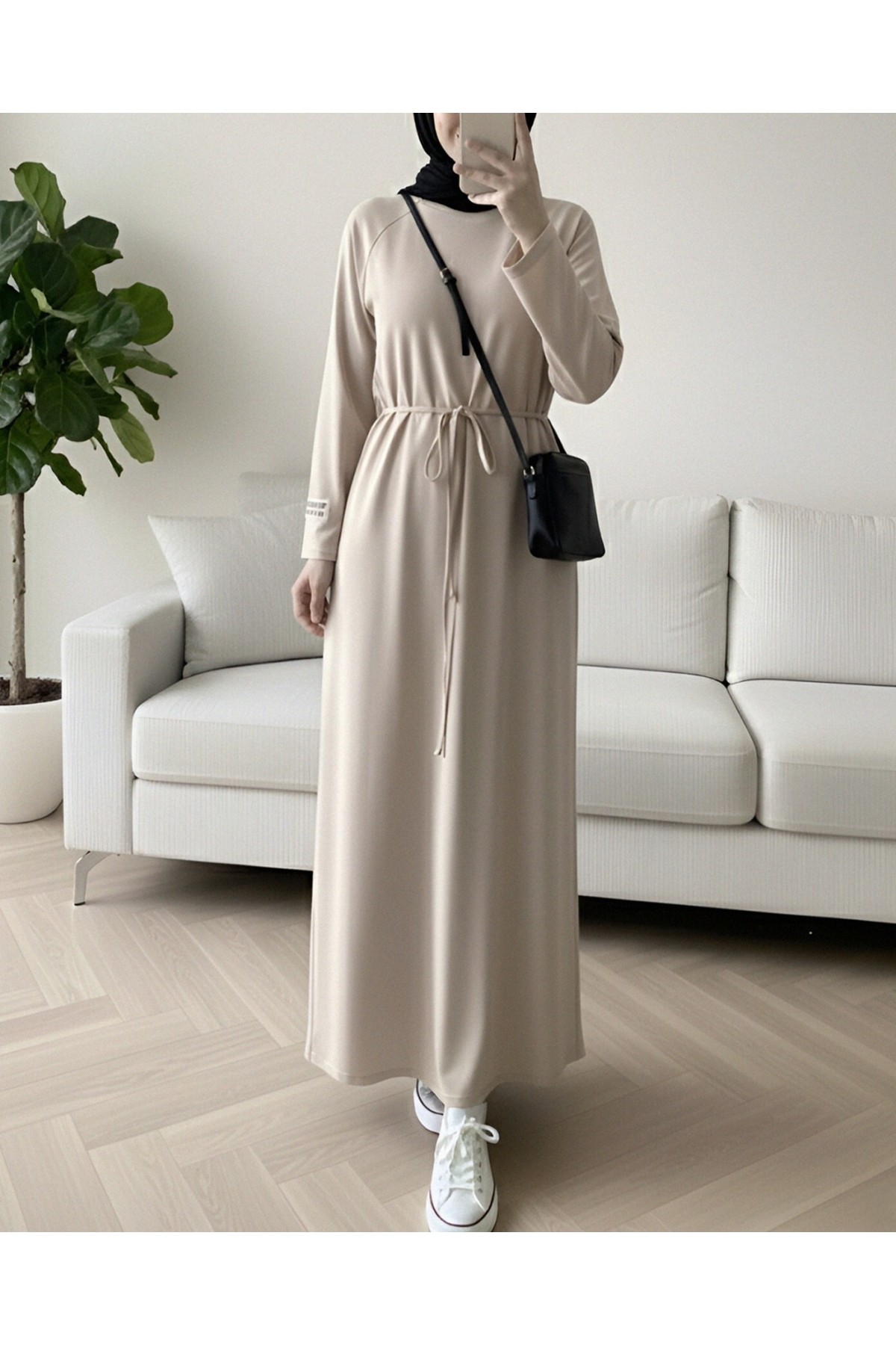 Round Neck Tied Waist Oysho Dress - Beige