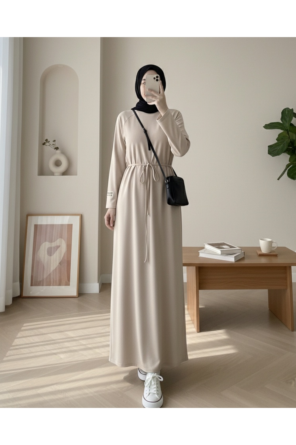 Round Neck Tied Waist Oysho Dress - Beige