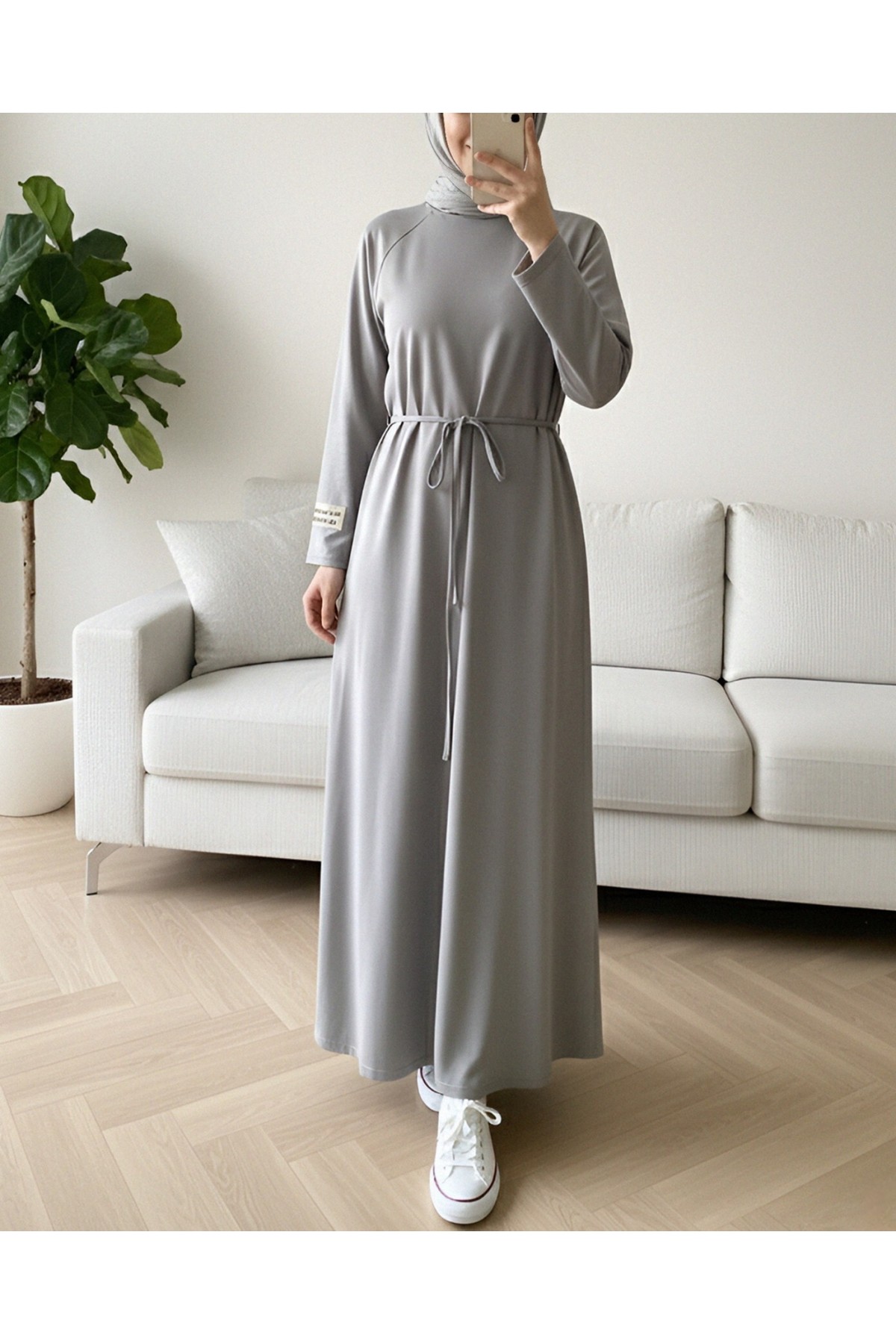 Round Neck Tied Waist Oysho Dress -Grey
