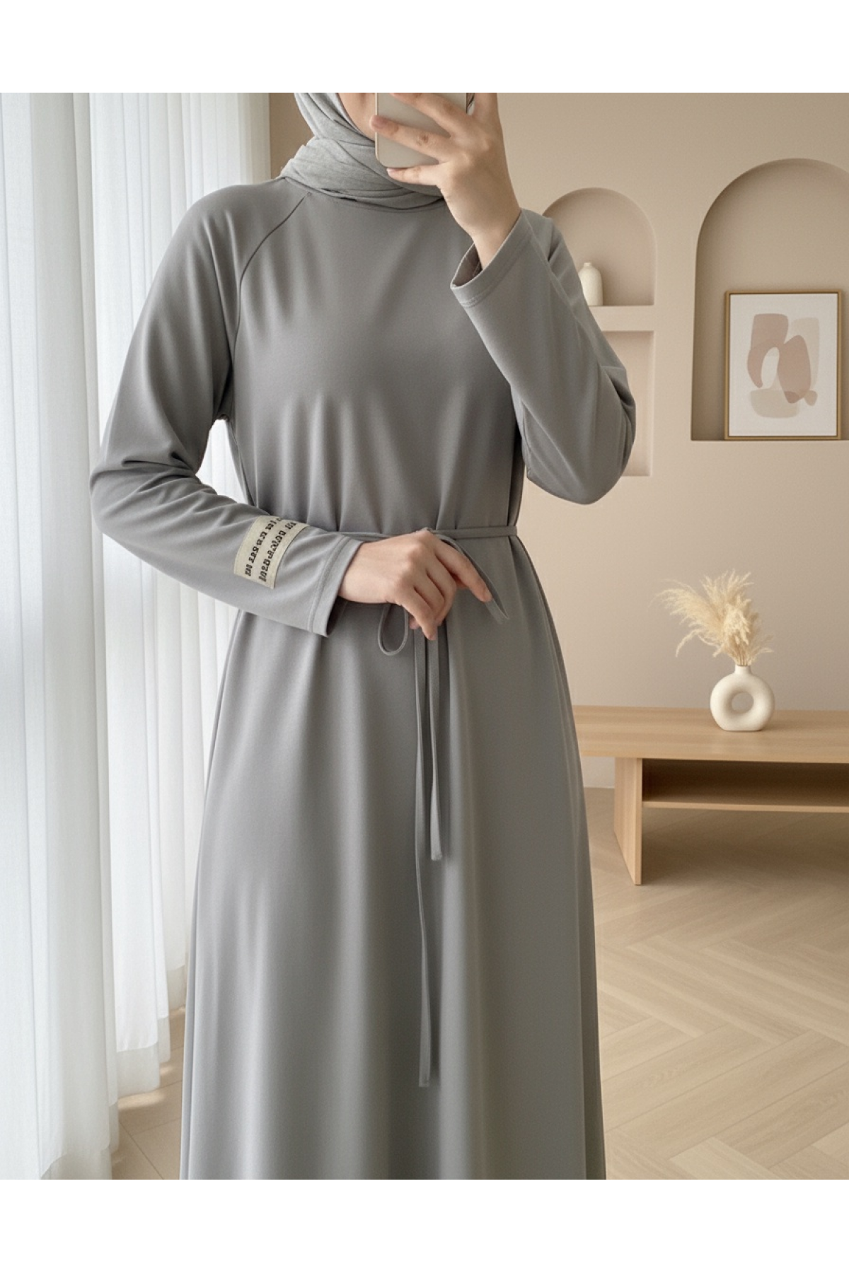 Round Neck Tied Waist Oysho Dress -Grey