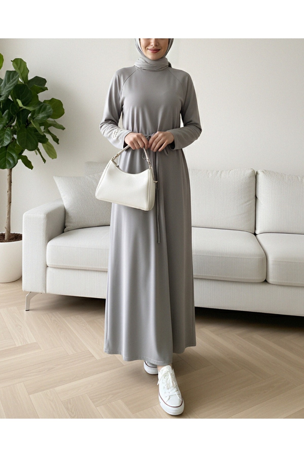 Round Neck Tied Waist Oysho Dress -Grey