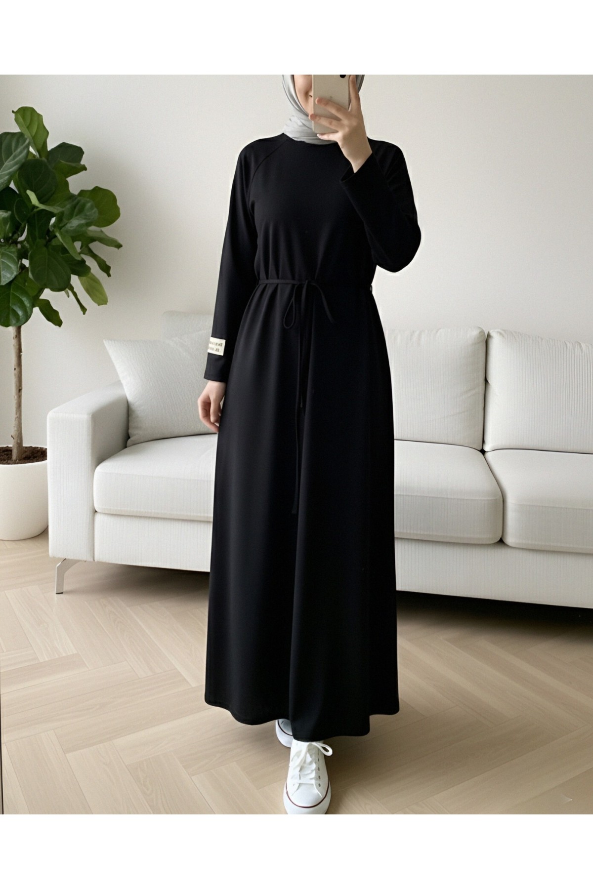 Round Neck Tied Waist Oysho Dress -Black