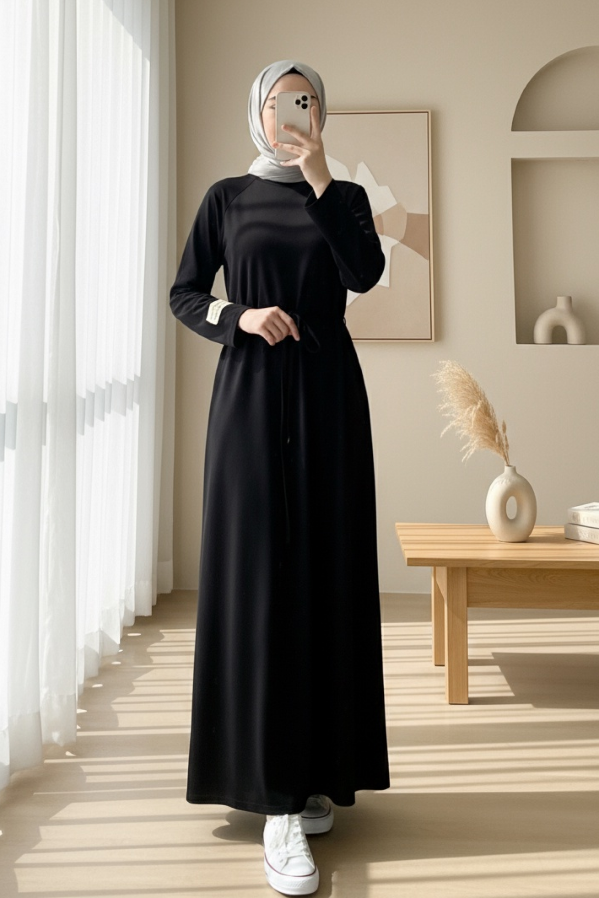 Round Neck Tied Waist Oysho Dress -Black