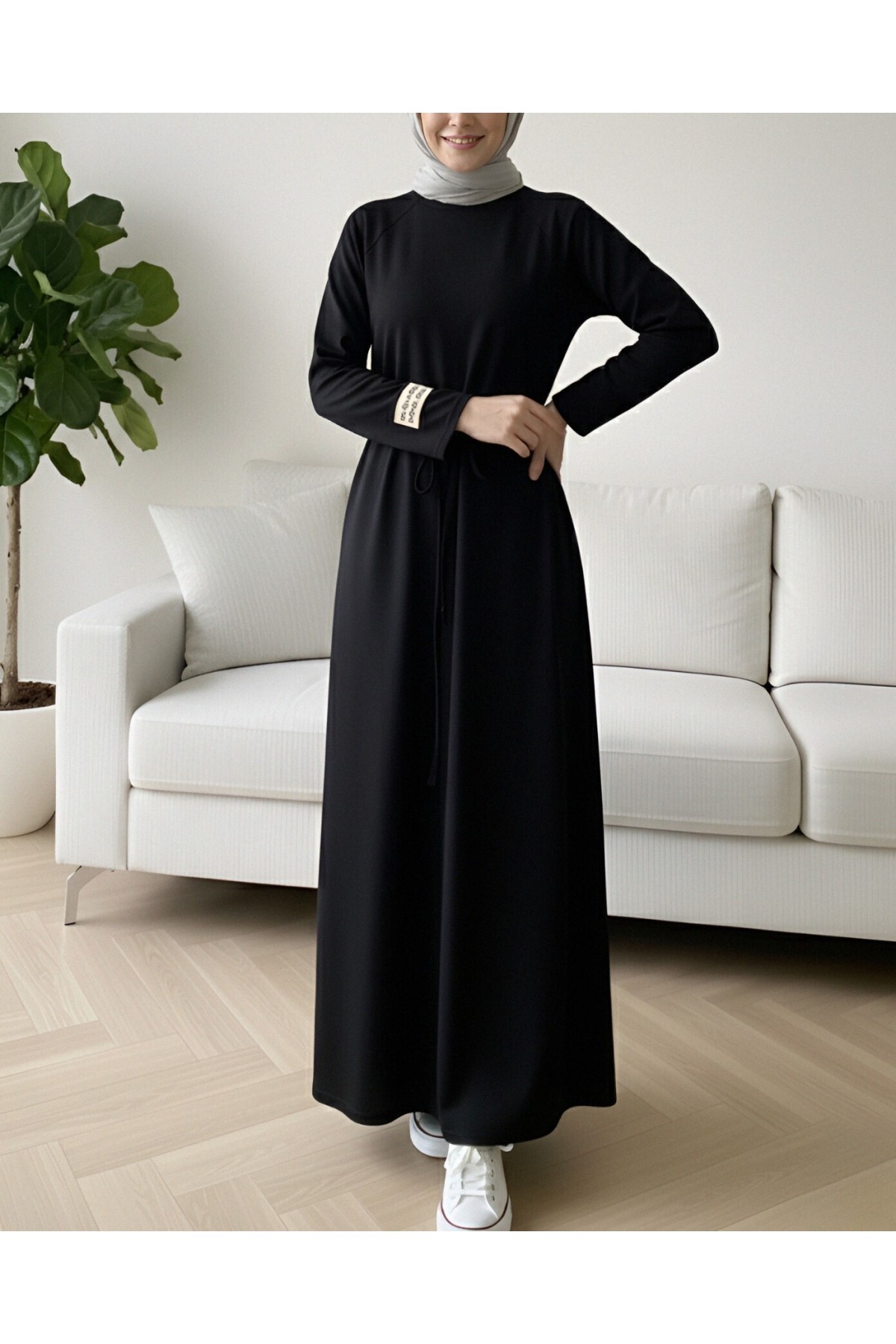 Round Neck Tied Waist Oysho Dress -Black