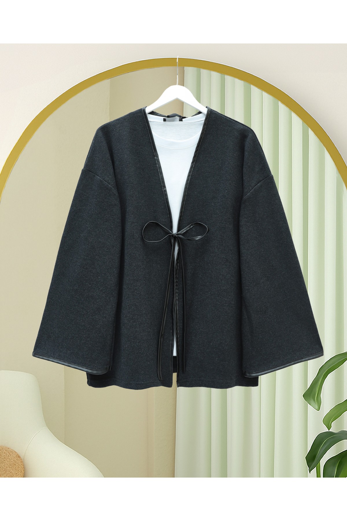 Önü Bağlamalı Deri Detaylı Salaş Kimono  -Antrasit