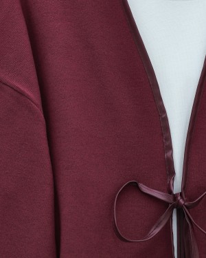 Loose Kimono with Tied Front Leather Detail -Maroon