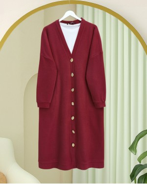 Düğmeli Selanik Uzun Hırka -Bordo