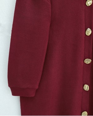 Düğmeli Selanik Uzun Hırka -Bordo