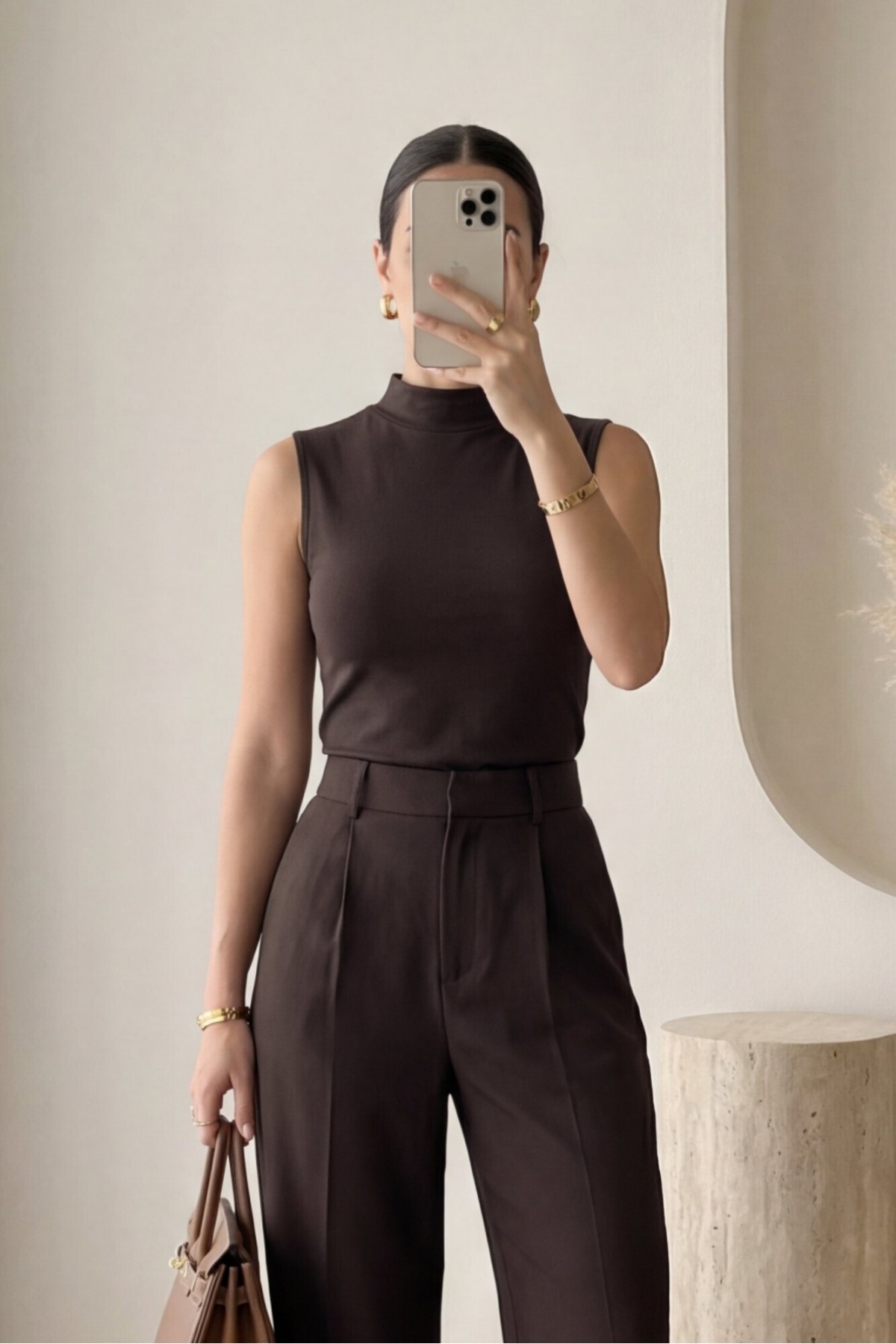 Stand-collar sleeveless cotton undershirt -Brown