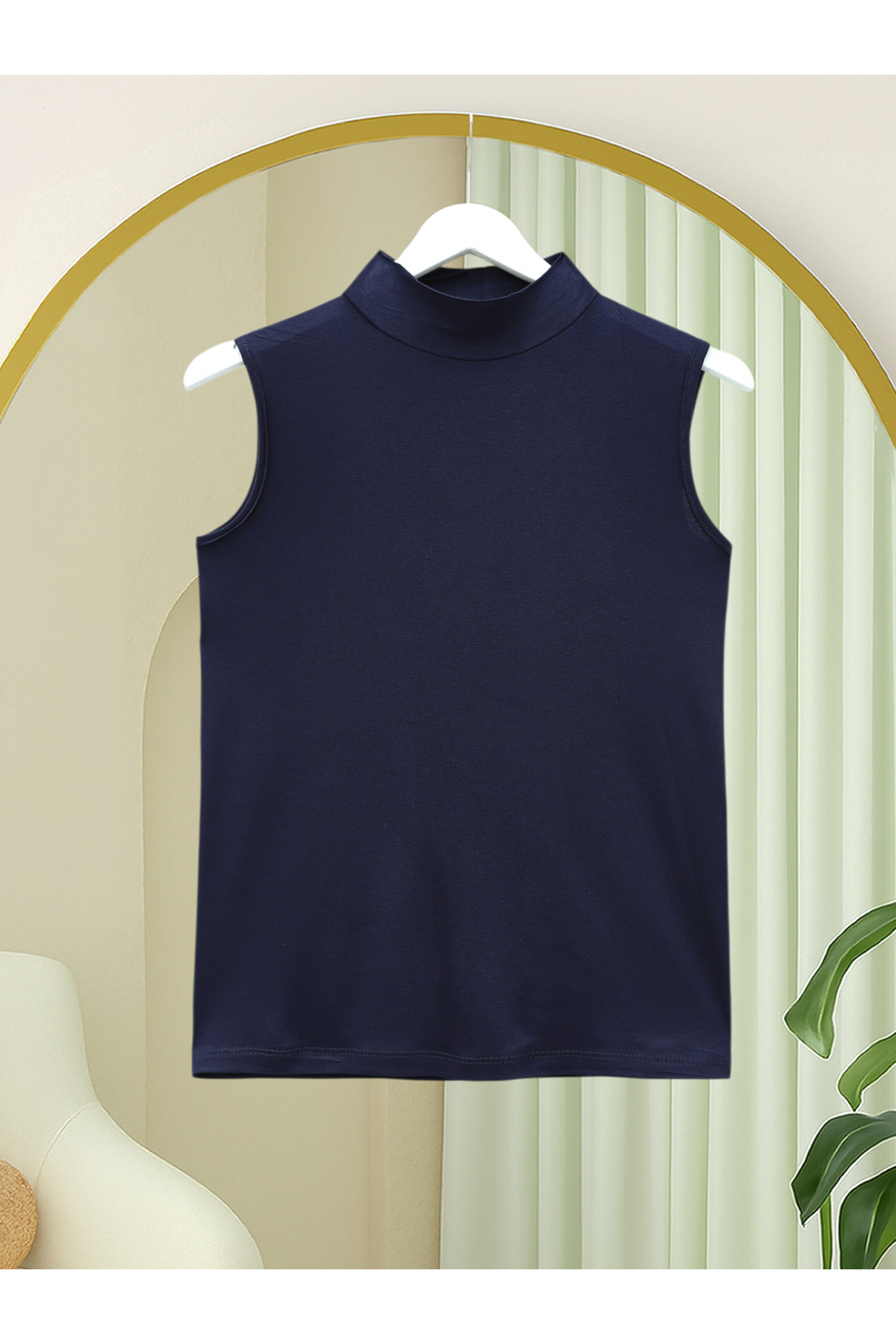 Stand-collar sleeveless cotton undershirt -Navy blue
