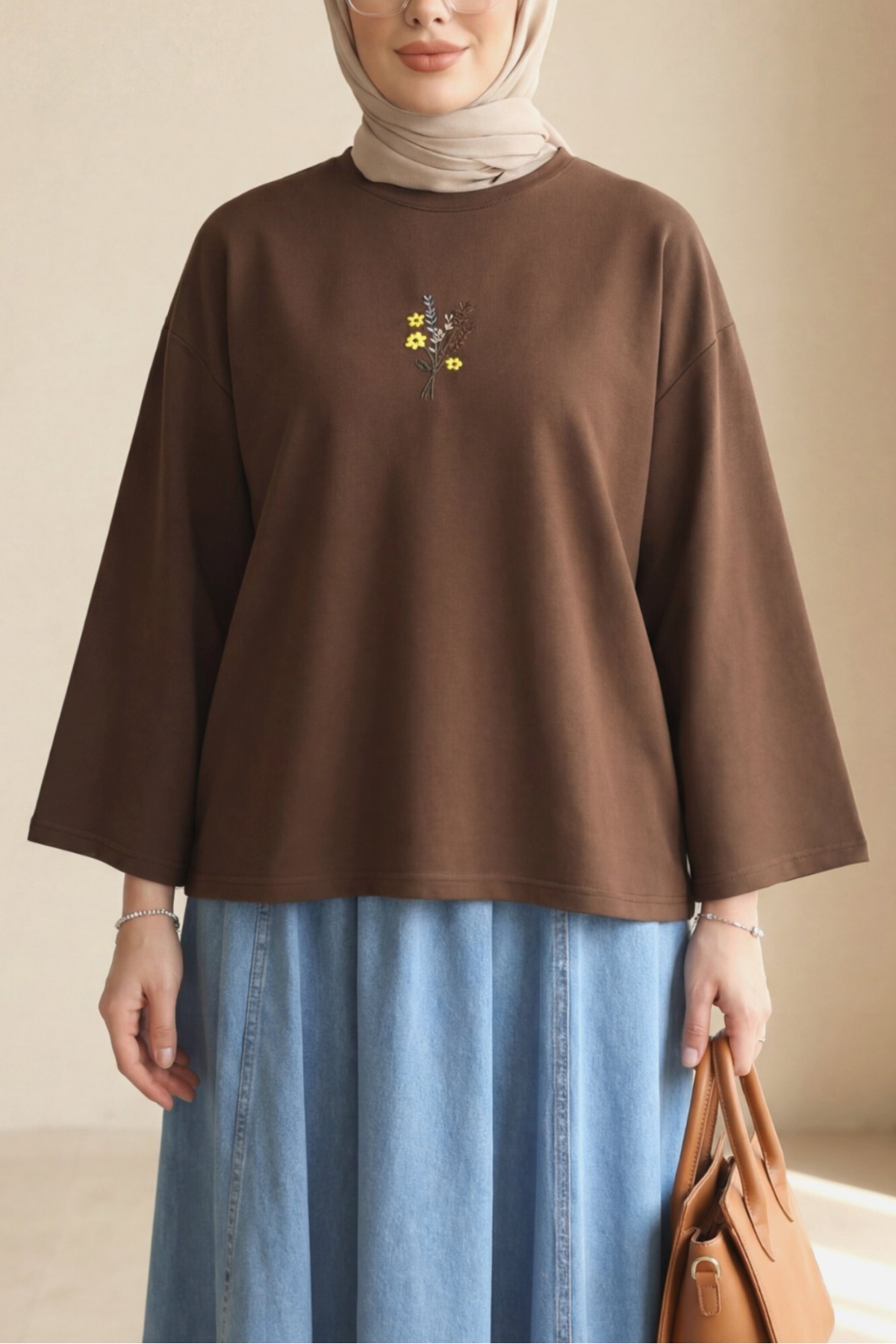 Round Neck Loose Fit Jersey Blouse with Floral Embroidery on the Front -Brown