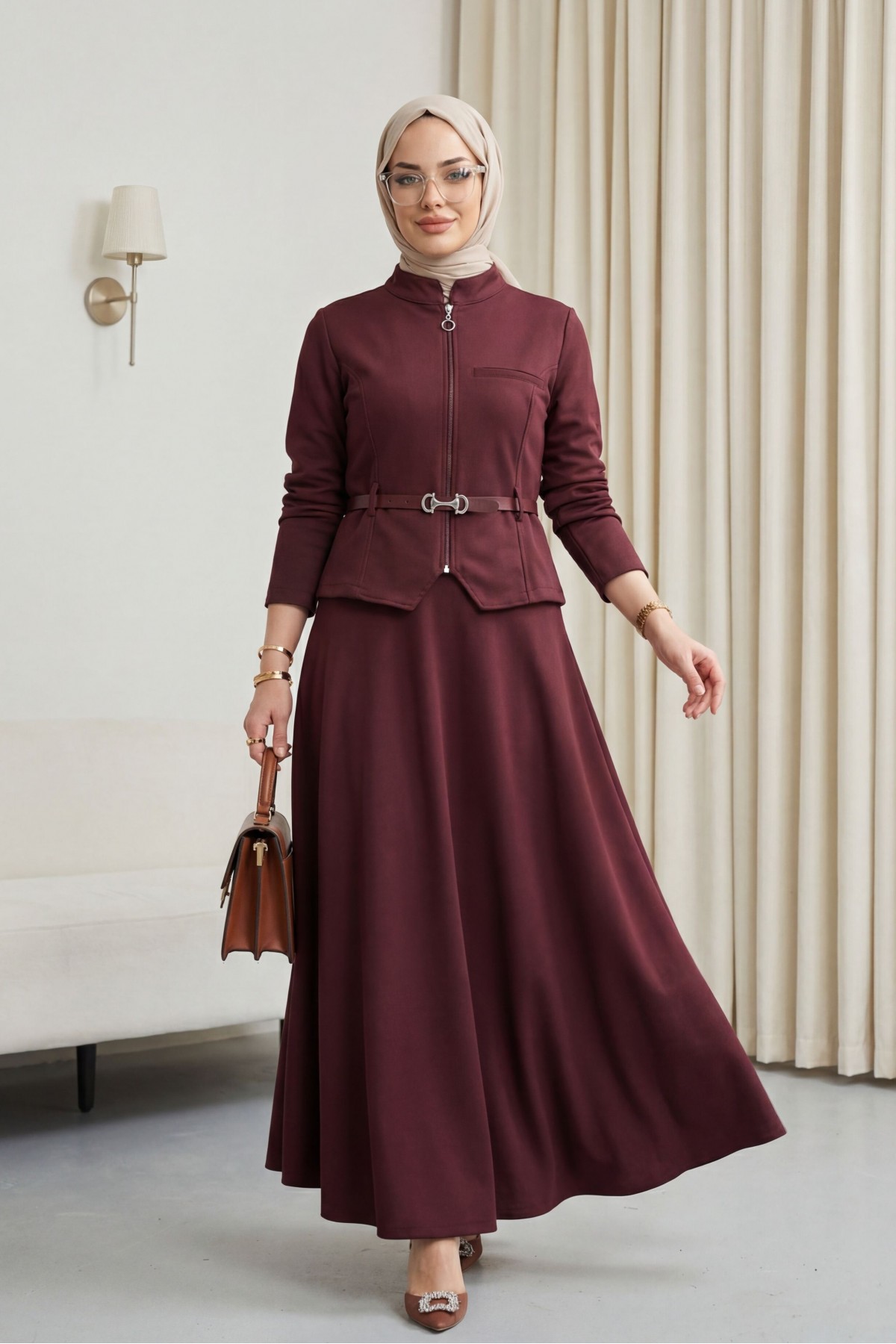 Diagonal Skirt Set with Front Zipper, Pocket Detail, and Belted Waist -Maroon
