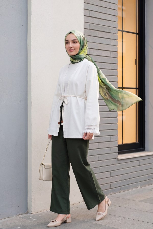 Kolları Püsküllü Beli Kemerli Keten Kimono -Ekru