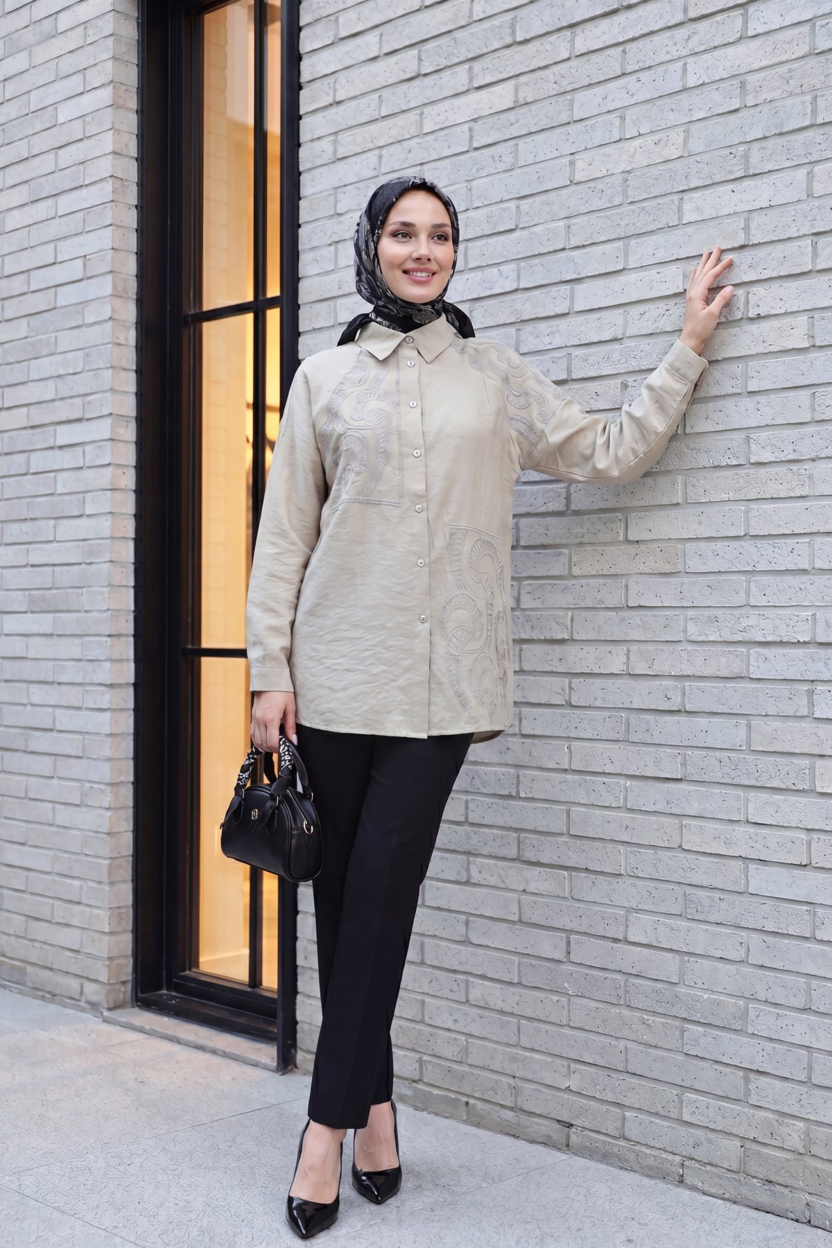 Asymmetrical Embroidered Buttoned Tulle Voile Tunic -Grey