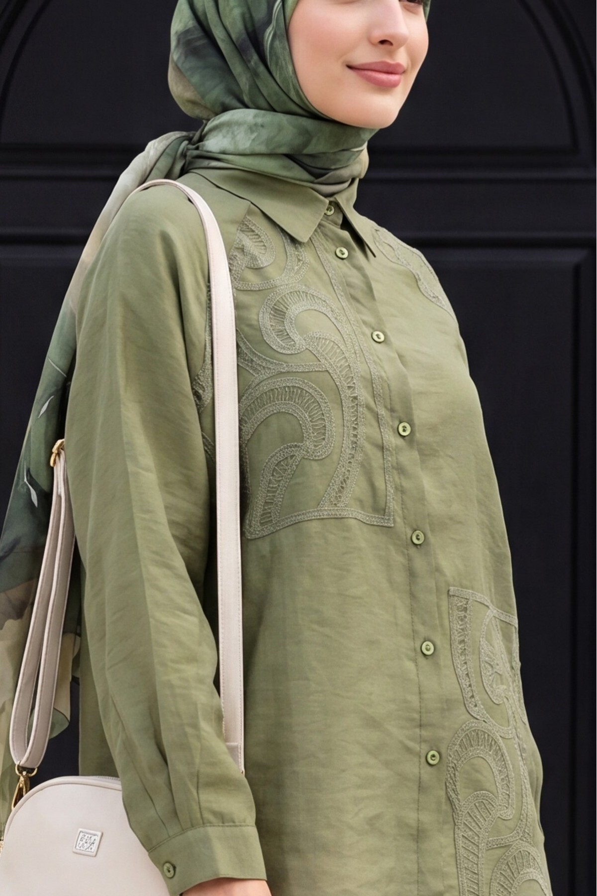 Asymmetrical Embroidered Buttoned Tulle Voile Tunic -Khaki