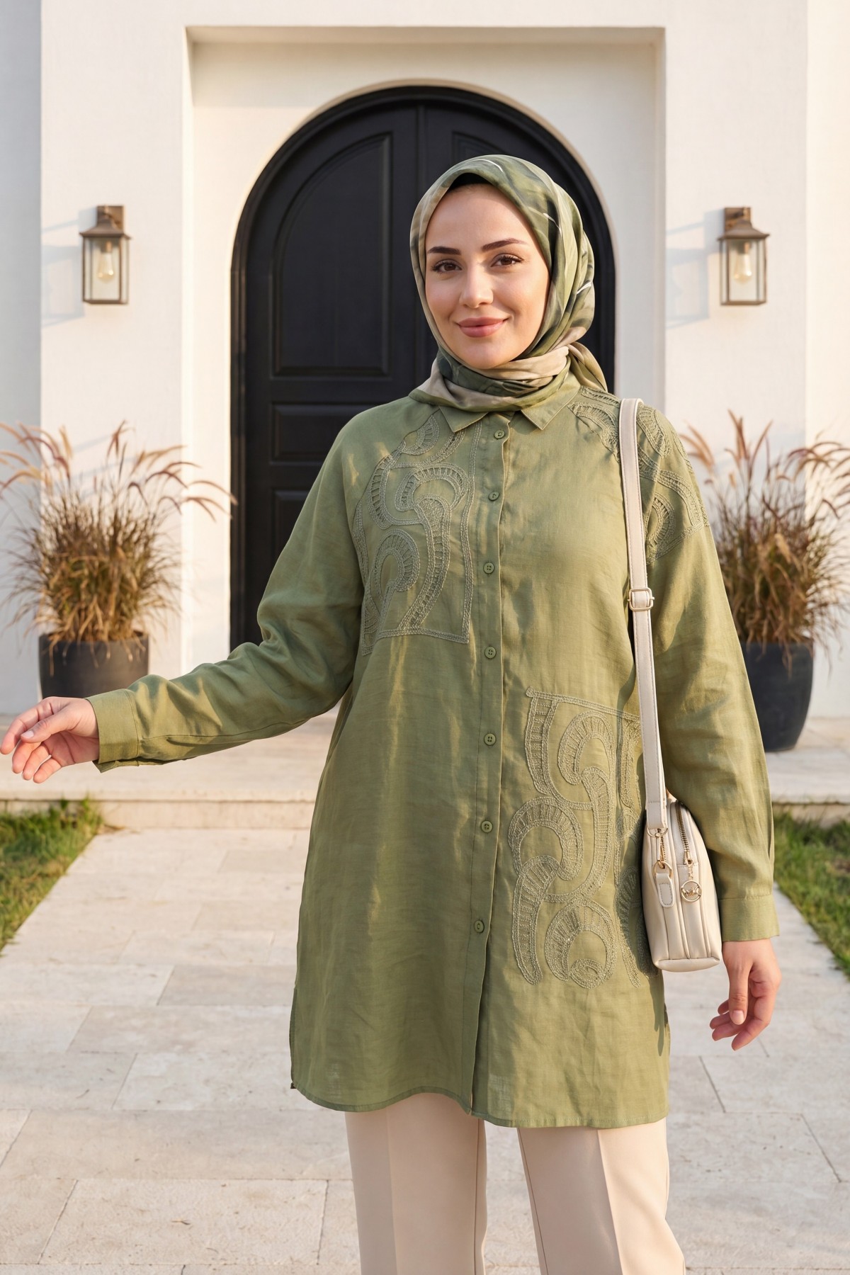 Asymmetrical Embroidered Buttoned Tulle Voile Tunic -Khaki