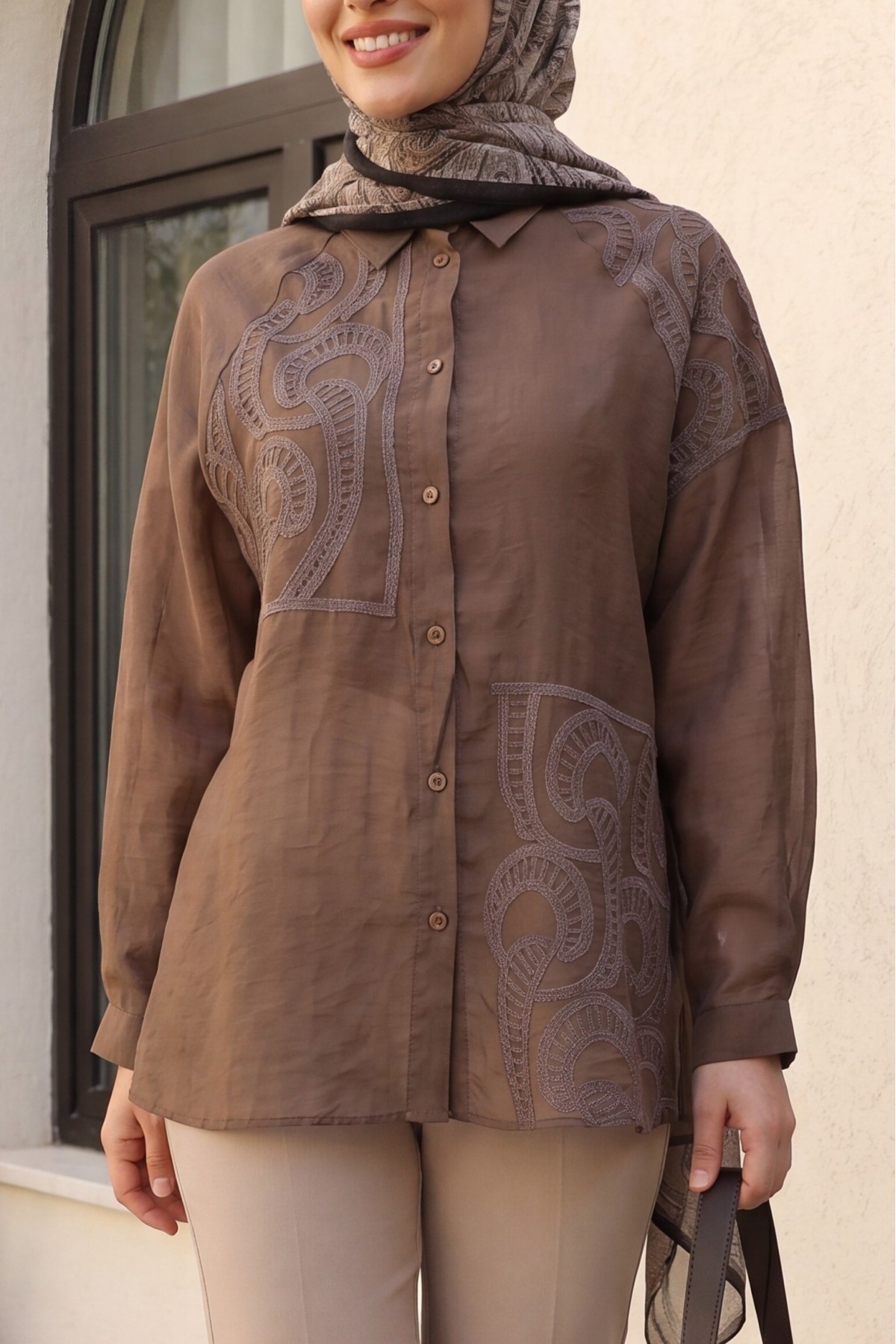 Asymmetrical Embroidered Buttoned Tulle Voile Tunic -Brown
