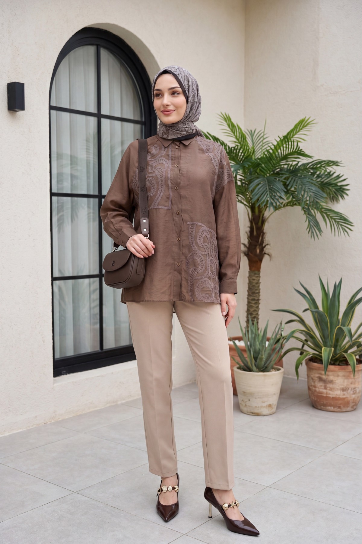 Asymmetrical Embroidered Buttoned Tulle Voile Tunic -Brown