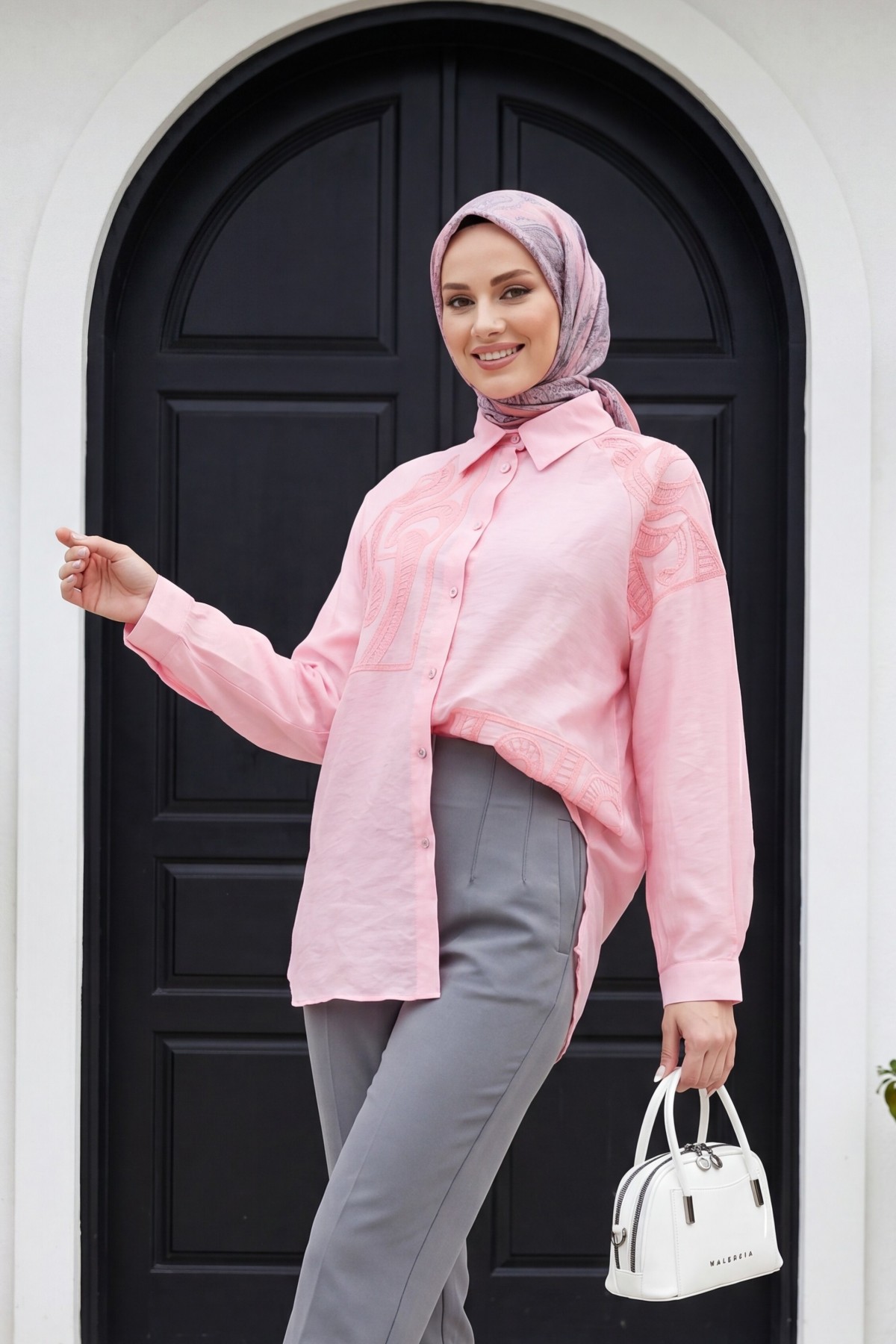 Asymmetrical Embroidered Buttoned Tulle Voile Tunic -Pink