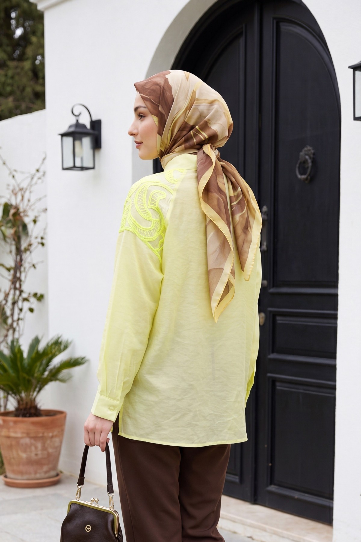 Asymmetrical Embroidered Buttoned Tulle Voile Tunic -Yellow