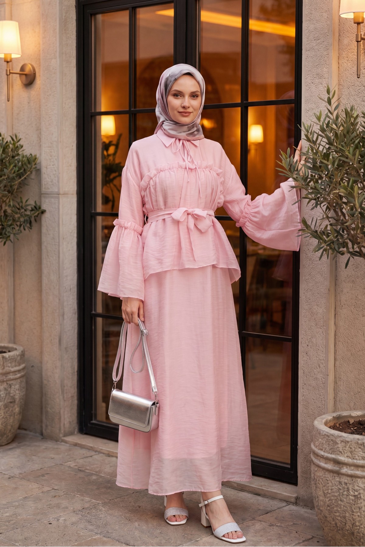 Belted Tulle Voile Dress with Tie Neck and Ruffle Detail -Powder