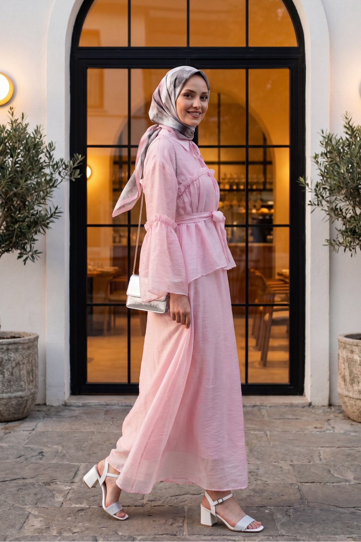 Belted Tulle Voile Dress with Tie Neck and Ruffle Detail -Powder