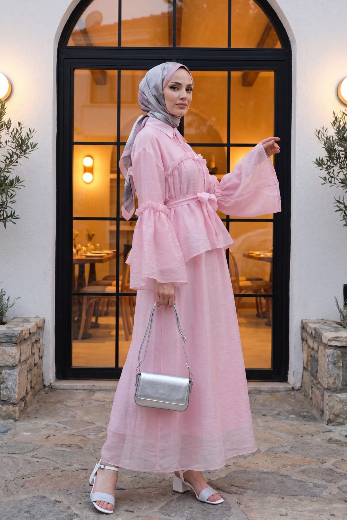 Belted Tulle Voile Dress with Tie Neck and Ruffle Detail -Powder detay görseli