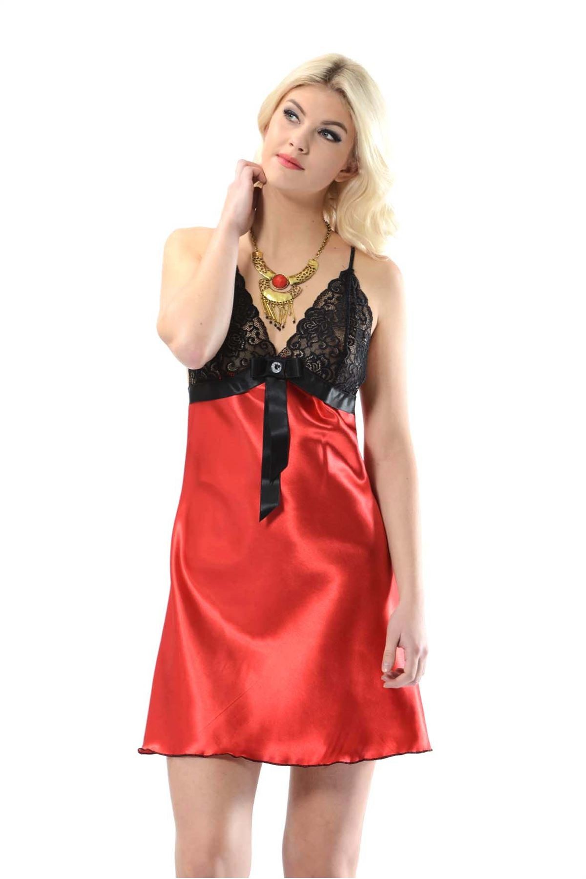 Red Lace Satin Nightgown 