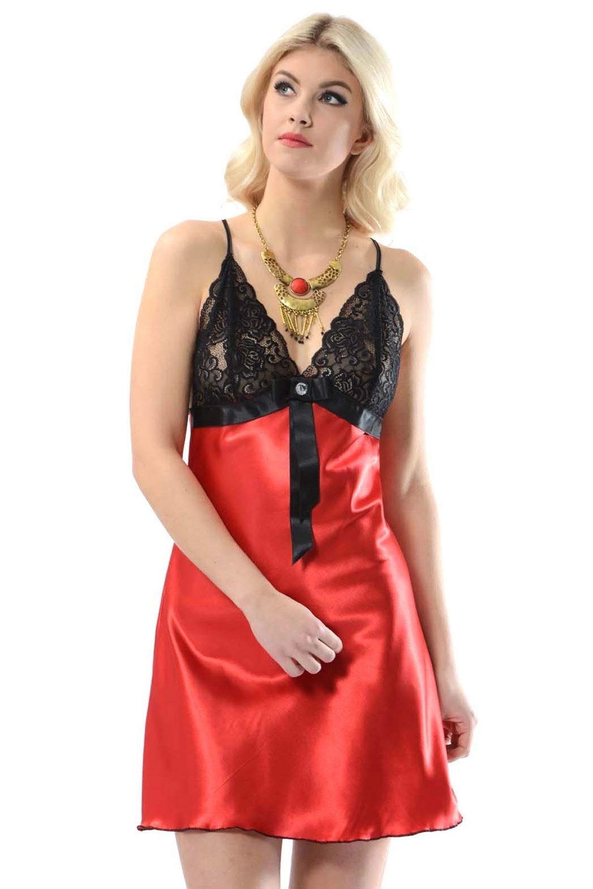 Red Lace Satin Nightgown  detay görseli