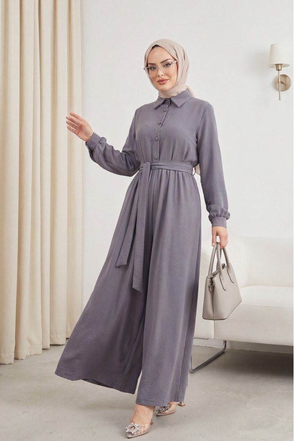 Half Buttoned Belted Elastic Waist Overalls -Grey