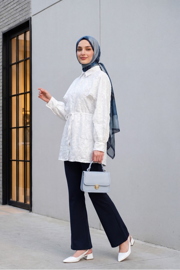 Lace-Detailed Embroidered, Belted, Lined Thin Linen Tunic -White