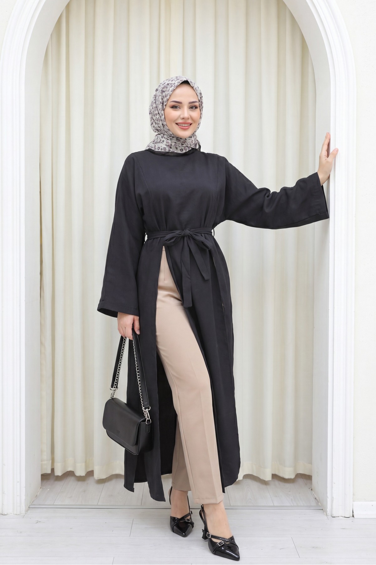 Mandarin Collar Deep Slit Belted Long Modal Tunic -Black detay görseli