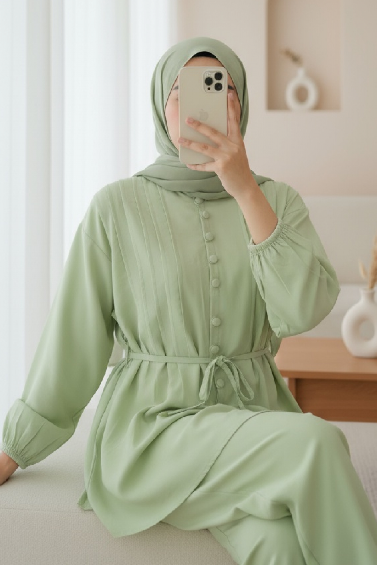 Kolu Bağcıklı Düğmeli V Yaka Tunik Pantolon Takım -A.Yeşil