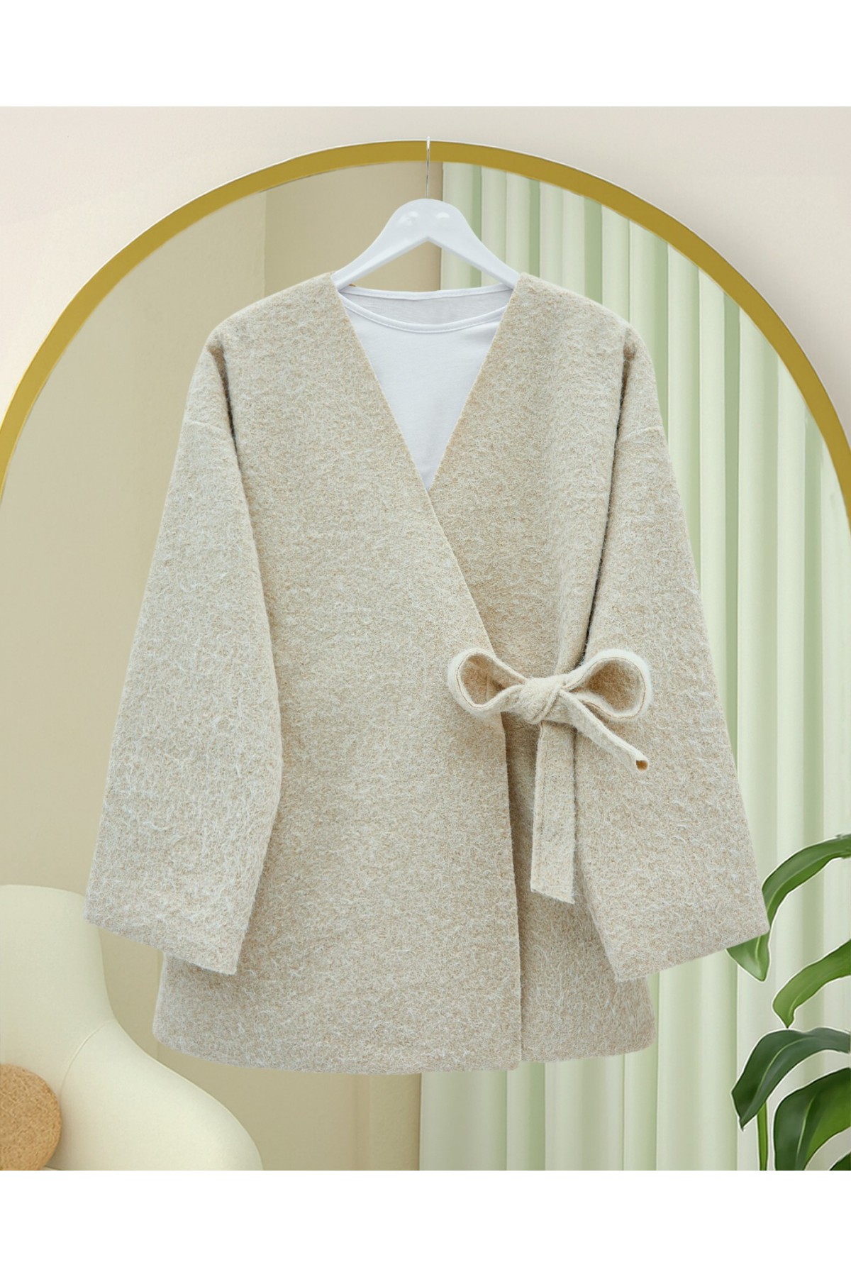 Yandan Bağlamalı Sakallı Kimono  -Bej