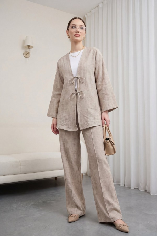 Linen Kimono Set with Front Tie-Up Trousers -Mink color