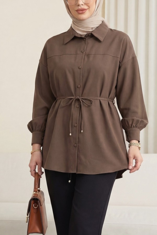 Beli Bağcıklı Düğmeli Oversize Modal Tunik -Kahve