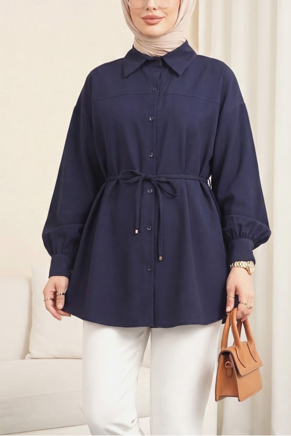 Beli Bağcıklı Düğmeli Oversize Modal Tunik -Lacivert