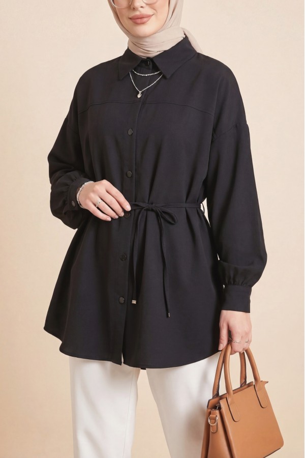 Beli Bağcıklı Düğmeli Oversize Modal Tunik -Siyah
