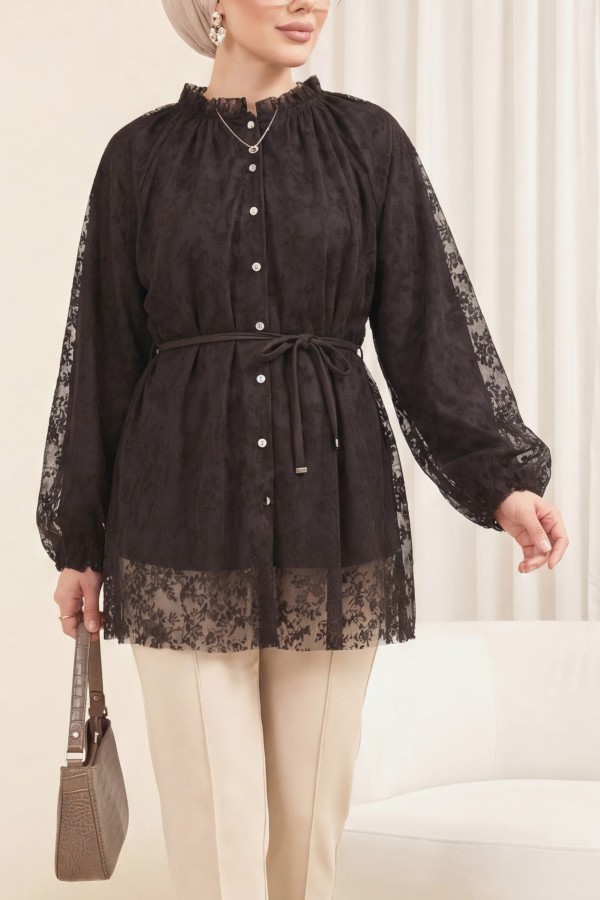 High Neck, Drawstring Waist, Balloon Sleeve, Flock Print, Lined Tulle Tunic -Brown