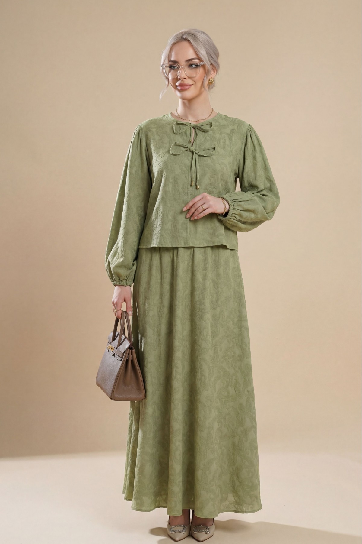 Jacquard Suit with Elasticated Sleeves, Tie-Collar and Skirt -Cagla Green