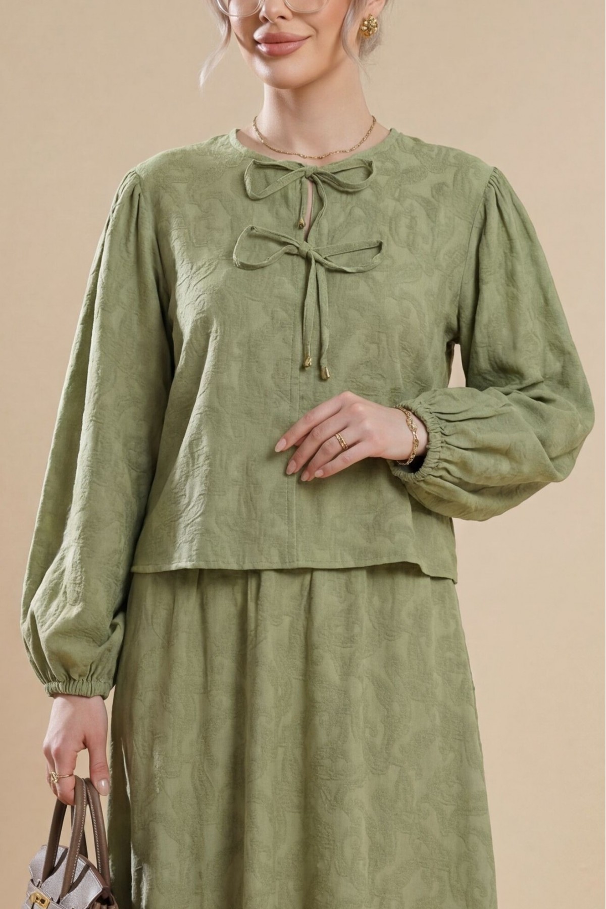 Jacquard Suit with Elasticated Sleeves, Tie-Collar and Skirt -Cagla Green