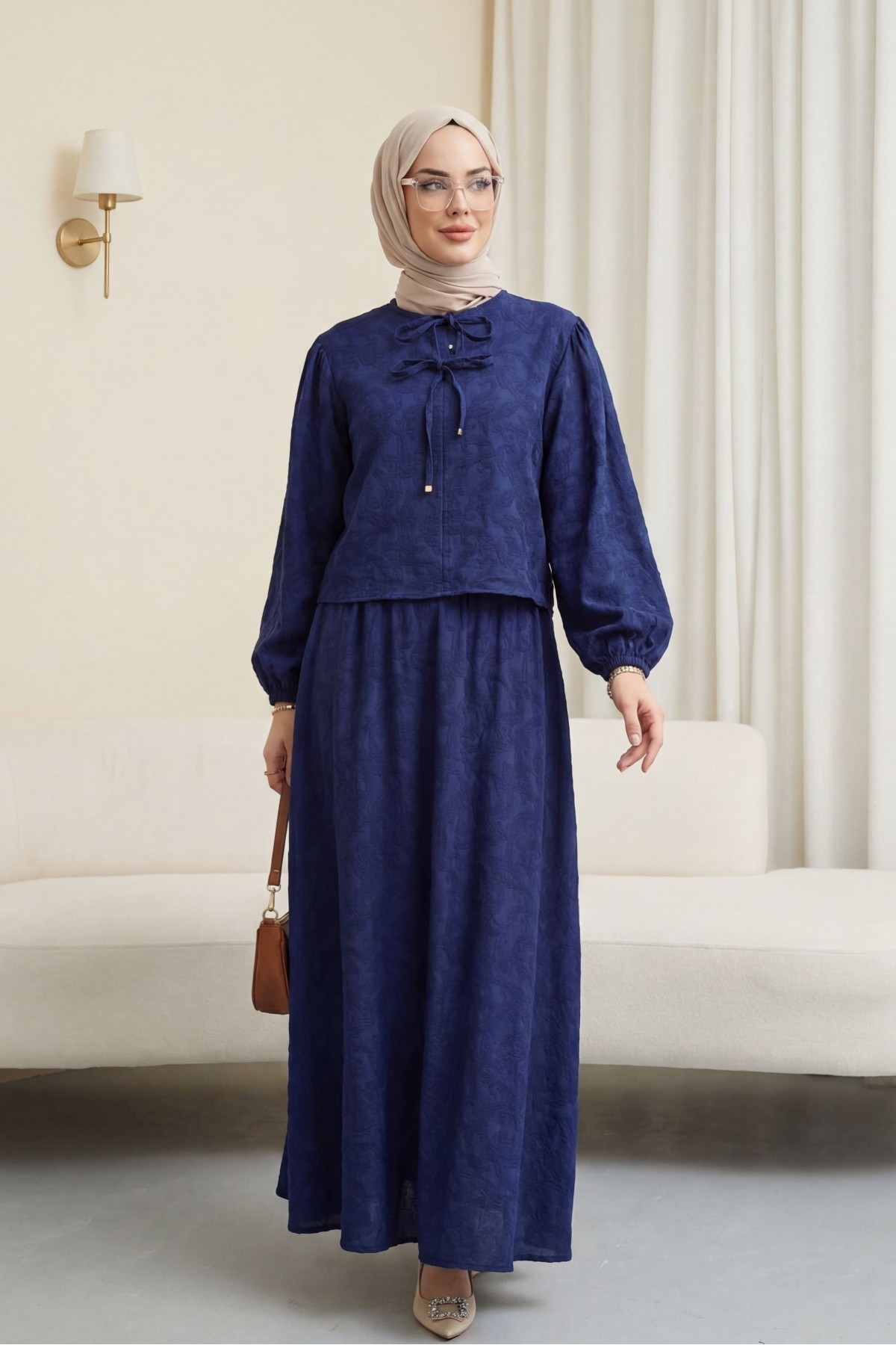 Jacquard Suit with Elasticated Sleeves, Tie-Collar and Skirt -Navy blue