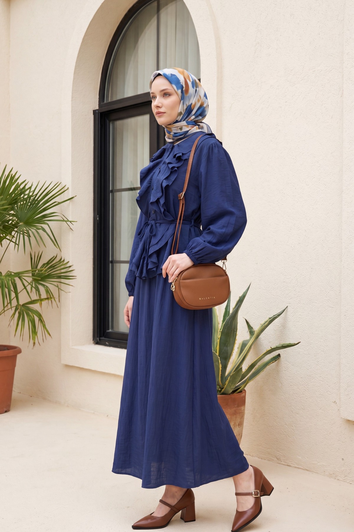 Strawberry Style Skirt Set with Ruffled Front, Elasticated Sleeves, and Belted Waist -dark lacquer